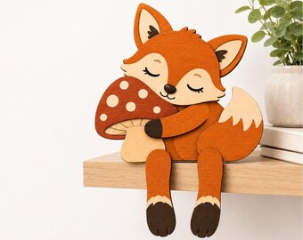 Sleepy Fox Hugging a Mushroom SVG, Bookshelf Sitter SVG, Woodland Nursery Decor, Laser Cut File, Glowforge, xTool, Layered Wood