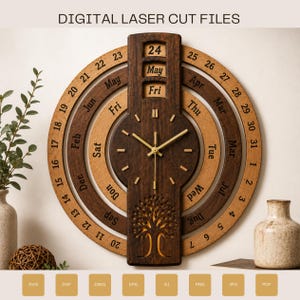 May include: A circular wooden wall clock and perpetual calendar featuring concentric rings with engraved numbers and months. A central vertical panel displays the date, day, and a laser-cut tree design. Gold-colored clock hands are centered.