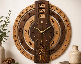 May include: A circular wooden wall clock and perpetual calendar featuring concentric rings with engraved numbers and months. A central vertical panel displays the date, day, and a laser-cut tree design. Gold-colored clock hands are centered.