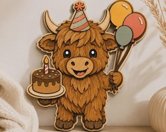 Highland Cow Anniversaire SVG, Vache en Couches avec Gâteau et Ballons, Fichier de Découpe Laser pour Glowforge, SVG DXF, Décoration en Bois