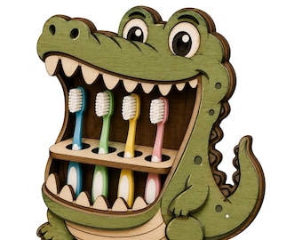 Porte-brosse à dents en crocodile SVG | Fichier découpé au laser pour organisateur de salle de bain pour enfants (téléchargement numérique)