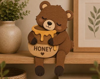 Sleepy Bear Hugging a Honey Pot SVG, Bookshelf Sitter SVG, Woodland Nursery Decor, Laser Cut File, Glowforge, xTool, Layered Wood