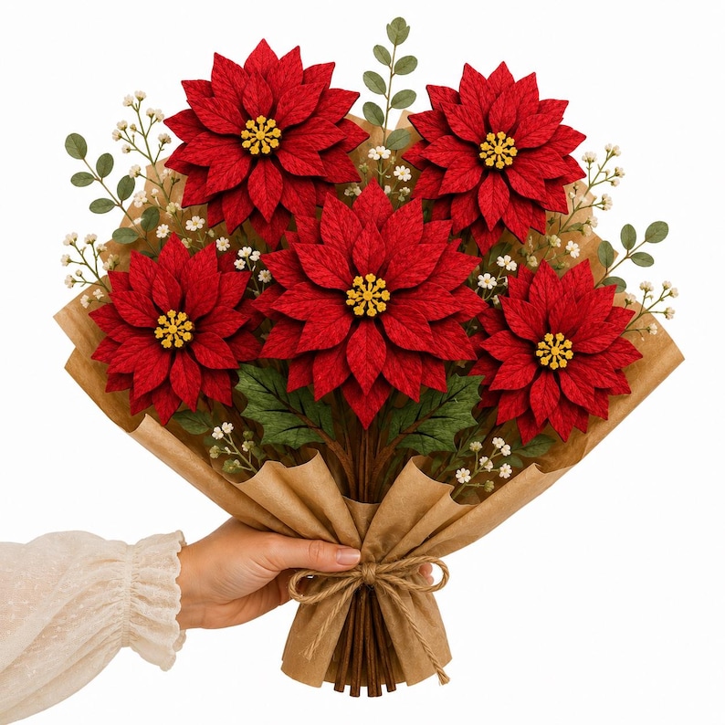 Hand holding Poinsettia Flower Bouquet SVG, Wooden Flower SVG, Layered Flower SVG, Christmas Flower, Flower Bouquet SVG, Poinsettia SVG, Laser Cut Flower, Flower Laser File, Laser Cut Templates, Glowforge Flower, xTool Laser File.