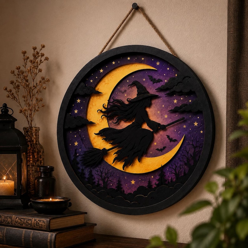 Flying Witch Moon SVG hanging wall sign, Halloween Witch SVG, Layered Witch Laser Cut File, Crescent Moon SVG, Spooky Halloween Wall Decor, Glowforge SVG, xTool Laser File, Wooden Halloween Sign, Digital Download.