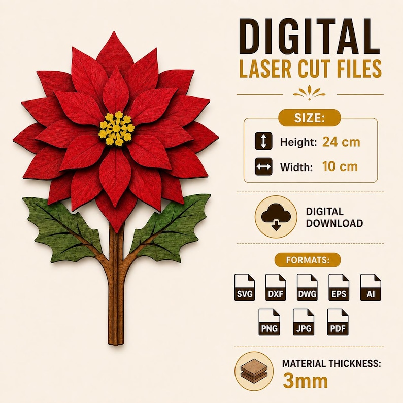 Poinsettia Flower SVG laser cut template with finished size, Layered Flower SVG, Wooden Flower SVG, Christmas SVG, Flower Laser File, Laser Cut Files, Glowforge Flower, xTool Laser File, 3mm Laser Cut Template, Christmas Decor SVG.