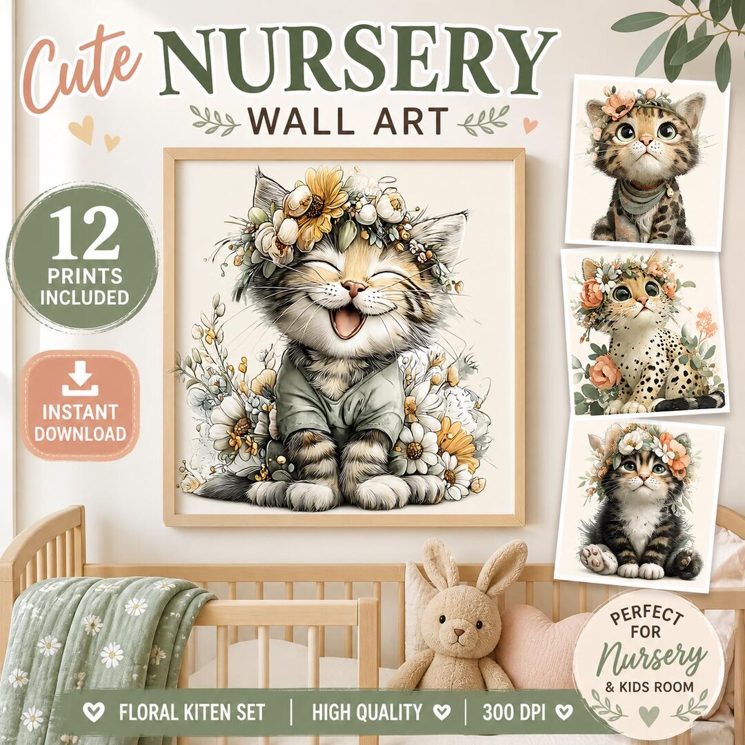 Floral Kitten Nursery Wall Art Prints, Watercolor Baby Girl Room Decor ...