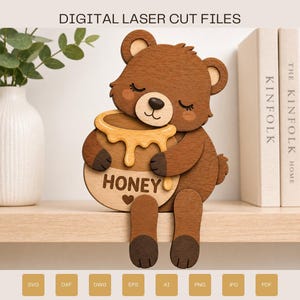Sleepy Bear Hugging a Honey Pot SVG, Bookshelf Sitter SVG, Woodland Nursery Decor, Laser Cut File, Glowforge, xTool, Layered Wood