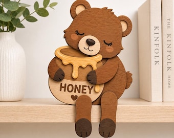 Sleepy Bear Hugging a Honey Pot SVG, Bookshelf Sitter SVG, Woodland Nursery Decor, Laser Cut File, Glowforge, xTool, Layered Wood