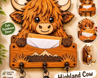 Highland Cow Mail Holder SVG | Funny Cow Key Holder Laser Cut File | Farmhouse Wall Organizer | Layered Glowforge SVG Decor