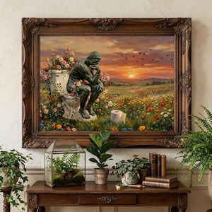 Surreal Thinking Man Toilet Art Print, Dreamy Sunset Bathroom Wall Decor, Floral Landscape Digital Download, Funny Gothic Fine Art Poster