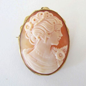 Antique Coral-Color Authentic Shell Cameo Brooch | Pendant featuring Portrait of a Woman