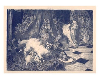 1870 Antique French Engraving by Philippe Rousseau-Mama Cat Protecting Her Kittens ON SALE