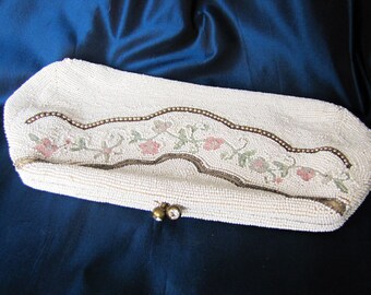 Vintage Beaded Clutch: 1960s Madmen-Era Floral Bridal Purse