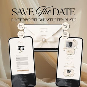 Op de afbeelding: Een digitale Save The Date photobooth website template met een crèmekleurige envelop met een parelmoeren strik, twee smartphoneschermen met evenementdetails, een RSVP-formulier, een afteltimer en labels voor Demo Link, RSVP Form en PDF & Video Guide.