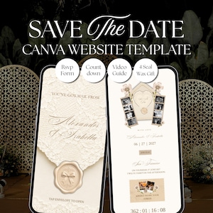 Könnte beinhalten: Eine digitale Save The Date Canva Website-Vorlage auf zwei Smartphones. Die Bildschirme zeigen cremefarbene Spitzenstrukturen, eine Wachssiegel-Grafik und Text, darunter Alexander & Isabella, 06 | 27 | 2027, sowie RSVP Form, Countdown, Video Guide, 4 Seal Wax Gift.