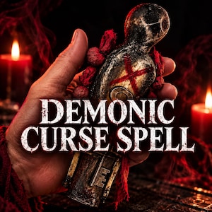 May include: A dark, weathered effigy figure with a red painted X on its chest, adorned with red fabric accents and attached to a metallic key-shaped base. The text DEMONIC CURSE SPELL is overlaid in white, distressed lettering across the center.