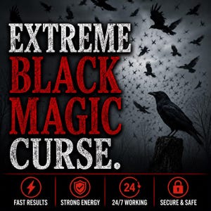 Pode incluir: Um design gráfico com o texto EXTREME BLACK MAGIC CURSE em letras brancas e vermelhas. Um corvo preto pousa num tronco de árvore com um bando de pássaros a voar num céu nublado. Quatro ícones vermelhos incluem relâmpago, escudo, 24 e cadeado.