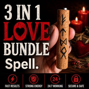 Puede incluir: Un palo de canela marrón cilíndrico grabado con símbolos rúnicos negros. La imagen presenta texto en blanco y rojo que dice 3 IN 1 LOVE BUNDLE Spell, junto con cuatro iconos circulares rojos etiquetados como FAST RESULTS, STRONG ENERGY, 24/7 WORKING y SECURE & SAFE.