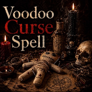 May include: A burlap voodoo doll with button eyes and stitched mouth, pierced by red-tipped pins. The scene includes a human skull, a black candle, a red candle, a glass bottle with a symbol, and a circular sigil. Text reads Voodoo Curse Spell.