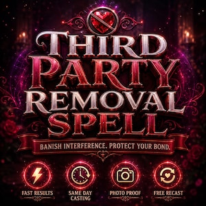 May include: A dark red and metallic graphic design featuring the text THIRD PARTY REMOVAL SPELL and BANISH INTERFERENCE. PROTECT YOUR BOND. Below are four circular icons with symbols for a lightning bolt, clock, camera, and heart, with text labels.