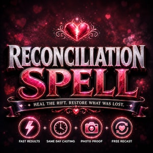 Może przedstawiać: Projekt graficzny z napisem RECONCILIATION SPELL w kolorze metalicznego srebra i czerwieni, z ikoną serca powyżej. Poniżej znajduje się tekst HEAL THE RIFT. RESTORE WHAT WAS LOST. Cztery okrągłe ikony przedstawiają błyskawicę, zegar, aparat i serce.