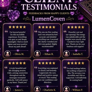 May include: A digital graphic titled CLIENT TESTIMONIALS for LumenCoven featuring six five-star reviews from clients. The design uses a dark purple background with glowing purple heart-shaped gems, a lit candle, and decorative gold borders.