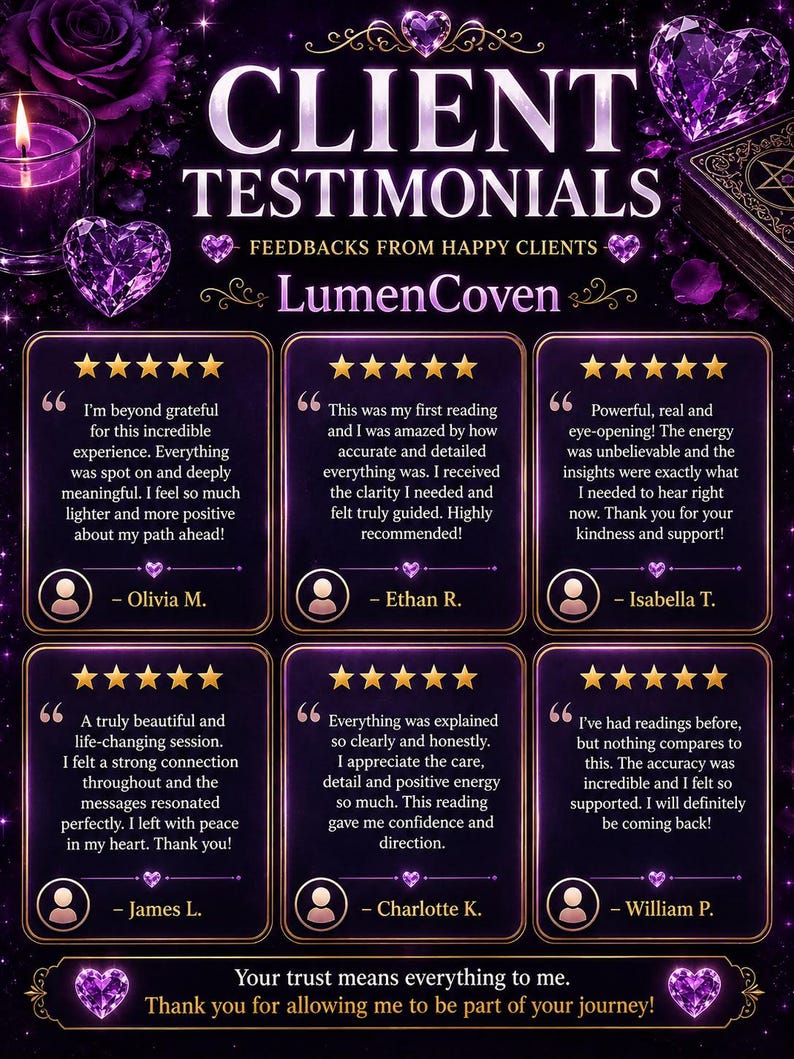 May include: A digital graphic titled CLIENT TESTIMONIALS for LumenCoven featuring six five-star reviews from clients. The design uses a dark purple background with glowing purple heart-shaped gems, a lit candle, and decorative gold borders.