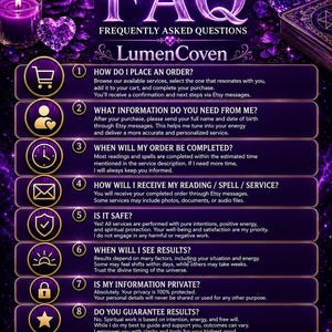 May include: A purple-themed FAQ graphic for LumenCoven featuring eight numbered points with icons. The text outlines ordering, information requirements, completion times, delivery methods, safety, results, privacy, and guarantees against a dark background.