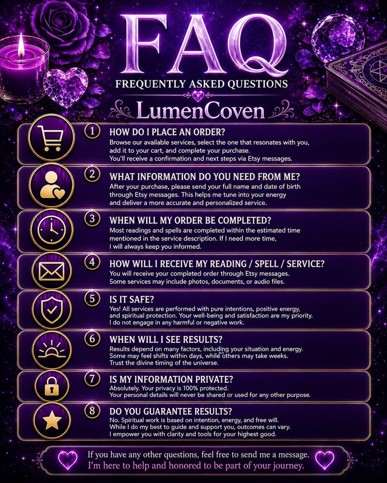 May include: A purple-themed FAQ graphic for LumenCoven featuring eight numbered points with icons. The text outlines ordering, information requirements, completion times, delivery methods, safety, results, privacy, and guarantees against a dark background.