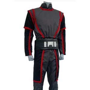 May include: A grey and black costume with red trim. The outfit features a high-collared top, black sleeves, and matching trousers. A black belt with a white emblem accents the waist. The costume is designed for cosplay or themed events.