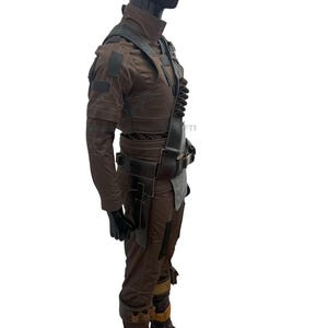 May include: A brown costume comprising a jacket, trousers, and a utility belt. The jacket features multiple pockets and patches. The trousers have knee pads, and the belt has pouches. The costume is displayed on a mannequin.