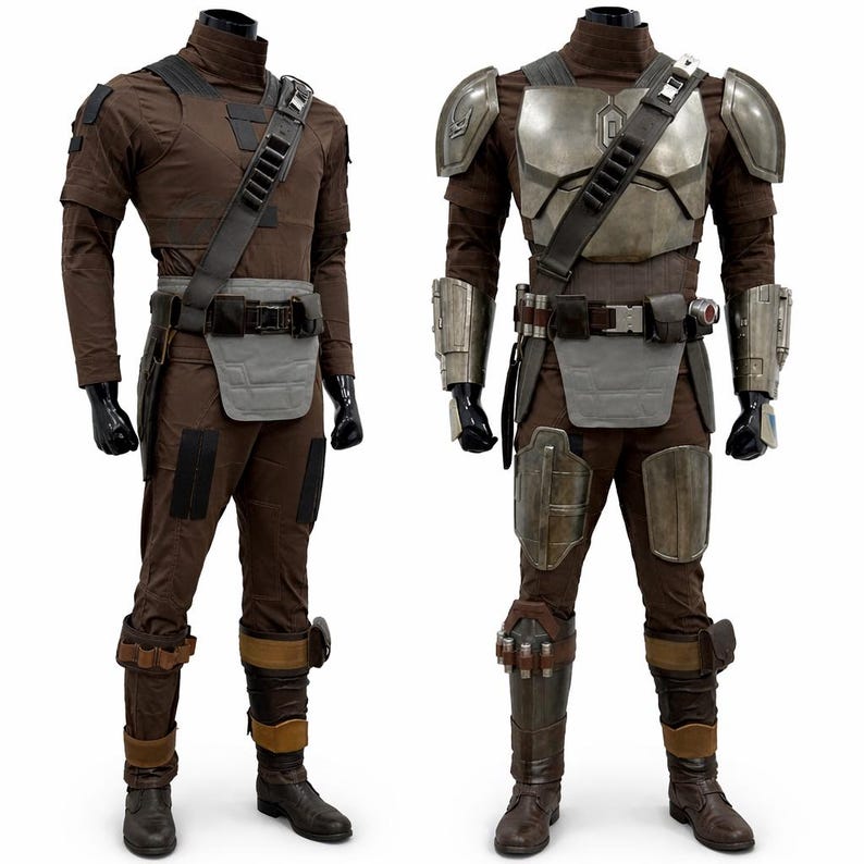 May include: Two brown and grey costumes displayed on mannequins. The costumes feature a high-collared shirt, trousers, and various armour pieces, including shoulder pads, chest plates, and arm guards. Each costume has a utility belt and boots. One costume has full armour.