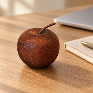 May include: A spherical apple sculpture carved from dark brown wood with a visible natural grain pattern and a slender, curved wooden stem extending from the top centre. The surface has a smooth, polished finish that reflects light.