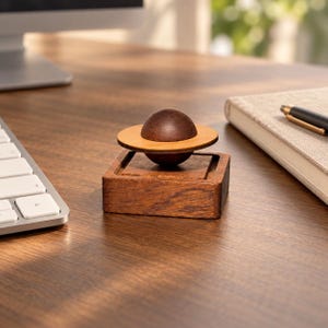 May include: A dark brown wooden sphere with a light tan wooden ring encircling its centre, resting on a square dark brown wooden base. The object features a smooth, polished finish and is positioned as a standalone decorative desk ornament.