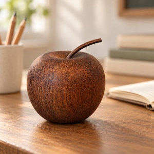 May include: A decorative apple sculpture carved from dark brown wood with a visible natural grain pattern. The object features a smooth, rounded body and a curved, slender stem extending from the top centre, showcasing a rich, deep brown finish.