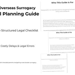 May include: A white document titled "UK Overseas Surrogacy Legal Planning Guide" with the text "14-Page Structured Legal Checklist." The guide is designed for UK intended parents navigating cross-border surrogacy.