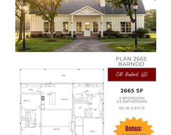 Conjunto completo de construcción de una casa tipo granero de 2665 pies cuadrados con archivo AutoCAD.
