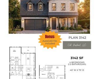 Casa moderna de 2 plantas con 3142 pies cuadrados, 4 dormitorios y 2,5 baños. Archivos PDF y AutoCAD.