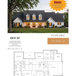 May include: A white two-story house with a black roof and a green lawn. The image includes a floor plan and text that reads "2841 SF, 4 Bedrooms, 3 Bathrooms, Study, 2 Car Garage, 83'7" W X 54'-7" D". A bonus AutoCAD file is included.