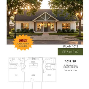 Plano de construcción completo de 1012 pies cuadrados, 2 habitaciones y 2 baños con archivo AutoCAD.