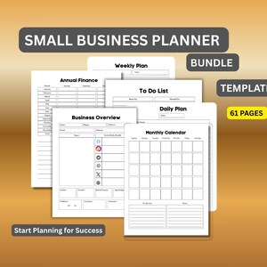 Könnte beinhalten: Ein Bundle für Kleinunternehmer-Planer mit 61 Seiten. Der Planer enthält Vorlagen für Wochenpläne, To-Do-Listen, Tagespläne, Monatskalender und Jahresfinanz-Tracking. Der Text "Start Planning for Success" ist ebenfalls enthalten.