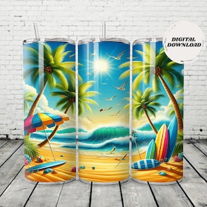 May include: Three stainless steel tumblers with a beach scene design. The design features palm trees, a colorful umbrella, surfboards, and a bright sun over the ocean. The tumblers have a straw and the words "DIGITAL DOWNLOAD" on a white circle.