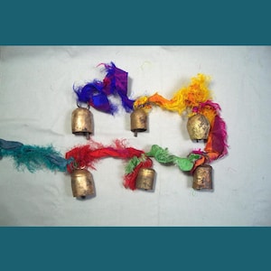 Handmade Bell Garland On Sari Silk, 6 Rustic Bells, Boho Hanging Decor