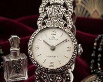 Vintage Bucherer .800 Silver Marcasite Watch - 17 Jewels