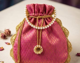 Kottanz Banarasi Silk Potli Bag, Pink & Gold