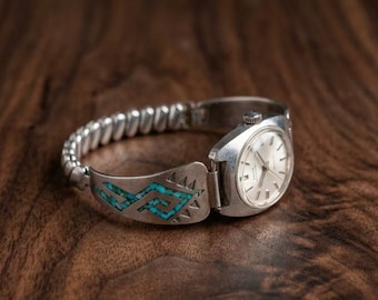 Investment Grade Tommy Singer Navajo Watch: Rare Early T-Moon Hallmark & Swiss Eterna-Matic Concept 80 - 1970s Chip Inlay Masterpiece