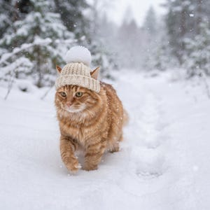 Peut inclure: Un chat tigré orange au pelage touffu marchant dans la neige épaisse. Le chat porte un bonnet en tricot côtelé beige surmonté d'un gros pompon blanc. Il a des yeux verts, de longues moustaches et son pelage est couvert de flocons de neige.