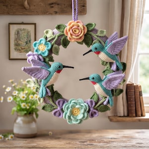 Peut inclure: Une couronne en crochet circulaire ornée de trois colibris en fil turquoise, violet et crème, agrémentée de fleurs en crochet aux tons pastel rose, bleu et jaune ainsi que de feuilles vertes. La couronne est suspendue par un cordon violet.