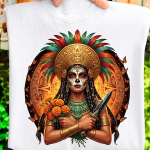 Paquete PNG de guerrero azteca del Día de Muertos, calavera de azúcar de guerrero águila jaguar, camiseta mexicana de catrina PNG, sublimación DTF del Día de Muertos