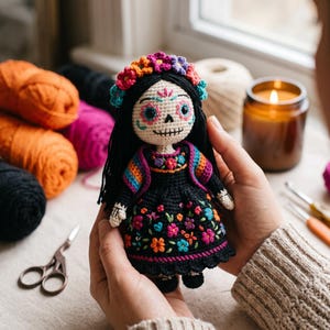 May include: A crocheted doll featuring a black dress with colorful floral embroidery, a matching shawl, and a flower crown. The doll has a white face with black and pink skull-inspired facial markings and long black yarn hair.